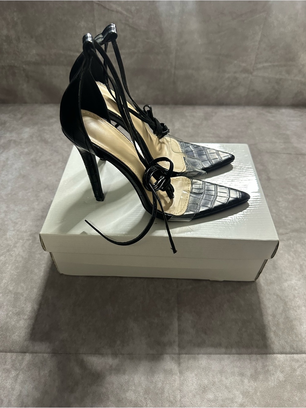Black Pointed-Toe Lace-Up High Heels - Women